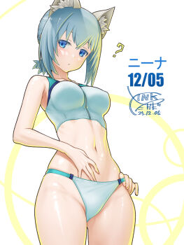1girl ? alice_gear_aegis animal_ear_fluff animal_ears belly_rub bikini birthday blue_eyes blue_hair breasts commentary_request looking_at_viewer medium_breasts navel nina_kalinina short_hair solo swimsuit takada_kazuhiro tankini