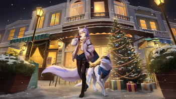 1girl alternate_costume animal animal_ears arknights black_pantyhose black_shorts blue_scarf christmas_tree gloves grey_jacket hair_between_eyes hair_ornament hairclip hand_in_pocket highres holding jacket long_hair looking_at_viewer lunn night open_clothes open_jacket outdoors pantyhose provence_(arknights) purple_hair red_gloves scarf shorts smile snow snowing solo standing tail white_scarf wide_shot wolf wolf_ears wolf_girl wolf_tail yellow_eyes