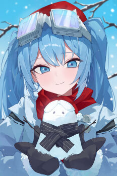 1girl arahashi_tabi black_mittens black_scarf blue_background blue_coat blue_eyes blue_hair blue_theme blurry blurry_background branch coat dot_nose double-parted_bangs eyewear_on_head fur-trimmed_sleeves fur_trim goggles goggles_on_head gradient_background hair_between_eyes hat highres holding_snowman looking_at_object mittens moly_(molyy0218) outdoors red_hat red_scarf scarf smile snow snowing snowman solo standing stellive twintails virtual_youtuber winter
