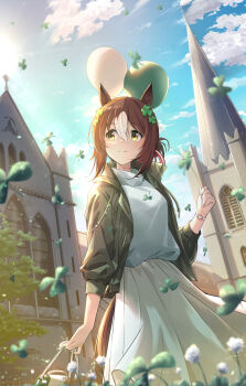 1girl animal_ears blue_sky brown_hair church cloud clover clover_(flower) clover_hair_ornament commentary_request fine_motion_(umamusume) flower green_eyes green_jacket hair_between_eyes hair_bun hair_ornament highres horse_ears horse_girl horse_tail jacket long_hair long_sleeves multicolored_hair murasaki_himuro saint_patrick&#039;s_day shamrock shirt skirt sky smile solo tail tree umamusume white_hair white_shirt white_skirt