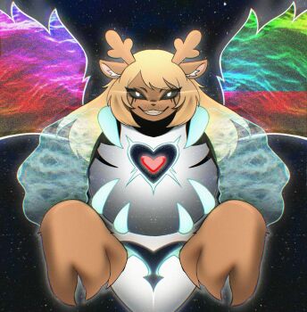 1girl antlers asriel_dreemurr asriel_dreemurr_(god_of_hyperdeath) black_sclera blonde_hair brown_fur brown_hair colored_sclera commission commissioner_upload dark_fountain_(deltarune) deer_girl deltarune furry furry_female highres horns noelle_holiday non-web_source sk3tchk4t smile solo soul_(deltarune) undertale utdr_(toby_fox) wings
