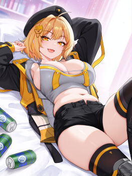 1girl 4ddd ahoge anis_(nikke) arms_up black_jacket black_shorts black_thighhighs blonde_hair breasts can cleavage commentary_request goddess_of_victory:_nikke grey_tank_top hair_ornament head_on_pillow highres huge_breasts indoors jacket knee_up large_breasts long_sleeves looking_at_viewer lying midriff navel on_back open_clothes open_jacket open_mouth pillow plump short_hair short_shorts shorts smile solo tank_top thick_thighs thighhighs thighs unzipped yellow_eyes