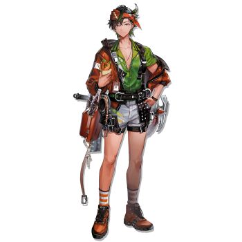 Rule 34 | 1boy, ahoge, ankle socks, arknights, belt, bishounen, black hair, boots, brown jacket, bryophyta (arknights), cenm0, drop shadow, dyed ahoge, food, full body, green hair, green shirt, headband, highres, holding, holding food, hot dog, ice axe, id card, jacket, looking at viewer, male focus, official art, orange headband, partially unbuttoned, pectoral cleavage, pectorals, pink eyes, rope, shirt, short hair, shorts, smile, socks, solo, striped clothes, striped socks, tachi-e, third-party source, transparent background, white shorts