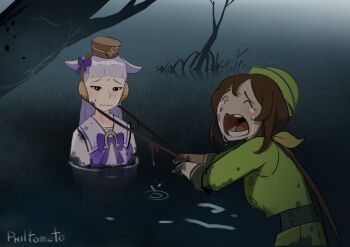 2girls absurdres animal_ears artist_name bare_tree blunt_bangs bow bowtie brown_hair closed_eyes commentary crying crying_with_eyes_open dirty dirty_clothes ear_bow english_commentary furrowed_brow gold_ship_(umamusume) green_hat green_jacket grey_hair hat hayakawa_tazuna highres holding holding_leash horse_ears horse_girl horse_tail jacket leash long_hair long_sleeves multiple_girls parody philtomato pillbox_hat purple_bow purple_bowtie purple_eyes sailor_collar sailor_shirt scarf scene_reference school_uniform shirt tail tears the_neverending_story tracen_school_uniform tree umamusume wetland