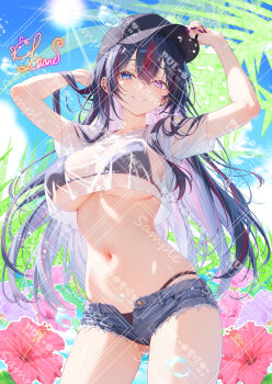 1girl absurdres arm_behind_head arms_up baseball_cap bikini bikini_under_clothes black_bikini black_hair blue_eyes blue_shorts breasts commentary_request commission cowboy_shot crop_top crop_top_overhang cutoffs day denim denim_shorts ear_piercing flower gluteal_fold grin hand_on_headwear hat hibiscus highres large_breasts leone_(kamina0205) long_hair looking_at_viewer micro_shorts midriff mole mole_under_eye multicolored_hair nail_polish navel obnoxious_watermark open_fly original piercing pink_flower purple_eyes purple_nails sample_watermark see-through_clothes see-through_shirt shirt short_sleeves shorts skindentation smile solo stomach streaked_hair string_bikini sunlight swimsuit thighs too_many_watermarks two-tone_hair underboob very_long_hair watermark watermark_grid wet wet_clothes wet_shirt white_shirt