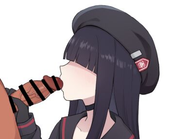 1boy 1girl bar_censor blue_archive censored erection fellatio flat_chest gloves hat hetero hime_cut justice_task_force_member_(blue_archive) nago_purin oral penis simple_background solo_focus tagme white_background