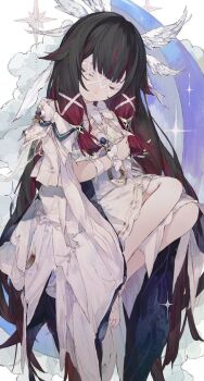1girl bandaged_arm bandages black_hair closed_eyes closed_mouth columbina_(genshin_impact) dolphro-kun dress genshin_impact hair_ornament head_wings long_hair multicolored_hair solo streaked_hair very_long_hair white_dress wings x-shaped_eyewear x_hair_ornament
