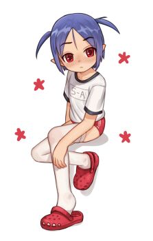 1girl absurdres blue_hair buruma closed_mouth collarbone crocs full_body gym_shirt gym_uniform highres invisible_chair looking_at_viewer medium_hair original parted_bangs pointy_ears protected_link red_buruma red_eyes red_shoes shirt shoe_dangle shoes short_sleeves sitting solo syrupmelty thighhighs two_side_up white_background white_shirt white_thighhighs