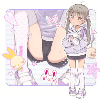 1girl backpack bag black_shorts blush border brown_eyes brown_hair commentary_request crotch_focus highres hood hoodie jojifuku kikai_(akita_morgue) loli long_sleeves looking_up multiple_views original outline outside_border purikura purple_bag purple_hoodie purple_shoes purple_trim randoseru shoes shorts star_(symbol) star_print stuffed_animal stuffed_rabbit stuffed_toy sweat thighhighs twintails white_border white_outline white_thighhighs