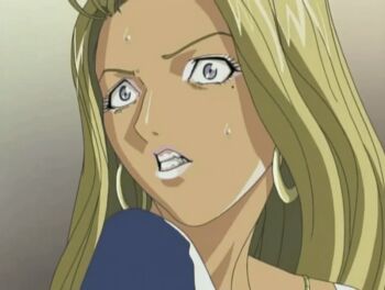 00s 1girl 2004 animal_print animated animated_gif blonde_hair cow_print cow_print_dress dark dark-skinned_female dark_skin earrings eyelashes eyeshadow ganguro gyaru hana_no_joshi_ana:_newscaster_etsuko hoop_earrings huge_filesize jewelry lipstick long_hair makeup mole mole_under_eye necklace purple_eyes scared surprised sweat tagme tan tanned_body teeth wakabayashi_mayumi