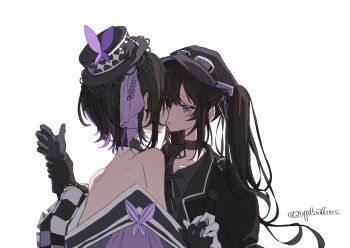 Rule 34 | 2girls, absurdres, bare shoulders, black choker, black gloves, black hair, black hat, black jacket, black shirt, brown hair, choker, collared shirt, gloves, goggles, goggles on headwear, hat, highres, holding another's wrist, holding hands, housho margo, jacket, kurobe nanoka, long hair, mahou shoujo no majo saiban, multiple girls, off shoulder, parted lips, purple eyes, purple streaks, shirt, simple background, souya (phi6os), twintails, white background, white gloves, yuri
