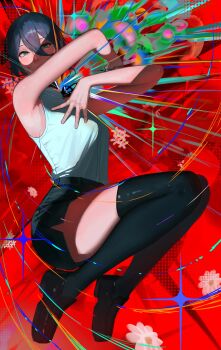 1girl absurdres armpits black_hair black_shoes black_shorts black_thighhighs breasts chainsaw_man dress ganet_p green_eyes hashtag-only_commentary highres looking_at_viewer medium_breasts red_background reze_(chainsaw_man) shirt shoes shorts sleeveless sleeveless_dress solo thighhighs white_shirt