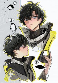 Rule 34 | !, ..., 1boy, animal, arknights, arknights: endfield, arm up, bird, black hair, black mask, black shirt, blue eyes, closed mouth, commentary, cropped torso, endministrator (arknights), english commentary, grey jacket, grey shirt, highres, holding, holding mask, jacket, jie deng, long sleeves, male endministrator (arknights), male focus, mask, multiple views, parted hair, parted lips, penguin, shirt, short hair, speech bubble, spoken ellipsis, spoken exclamation mark