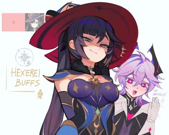 +++ +_+ 1boy 1girl absurdres arms_behind_back black_choker black_ribbon blush breasts choker commentary dragon_boy dragon_horns earrings english_commentary english_text fang genshin_impact gloves hair_ribbon hat highres horns jewelry leotard long_hair medium_breasts memeh mini_durin_(genshin_impact) mini_durin_(human)_(genshin_impact) mona_(genshin_impact) open_mouth pink_eyes purple_hair ribbon signature simple_background single_earring smug tier_list upper_body very_long_hair white_background white_gloves witch_hat