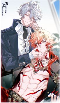 Rule 34 | 2boys, abs, absurdres, antenna hair, arm around shoulder, belt, black belt, black choker, black shirt, blonde hair, blue coat, blue eyes, braid, character name, chest tattoo, chinese commentary, choker, coat, commentary request, earrings, facial tattoo, fingerless gloves, gloves, gold earrings, gold necklace, gradient hair, hand on another's face, highres, honkai: star rail, honkai (series), jewelry, liaoxiaoyan0919, male focus, medium hair, multicolored hair, multiple boys, mydei (honkai: star rail), mydei (nylon japan) (honkai: star rail), necklace, open clothes, open shirt, pants, parted bangs, phainon (honkai: star rail), phainon (nylon japan) (honkai: star rail), red gloves, red hair, red pants, red tattoo, shirt, short hair, side braid, tattoo, toned, toned male, turtleneck, turtleneck shirt, white hair, white shirt, yellow eyes