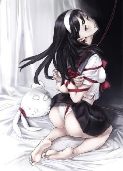 1girl ass barefoot bdsm between_buttocks black_hair black_sailor_collar black_skirt bondage bound full_body kneeling long_hair looking_at_viewer looking_back nishieda original panties parted_lips purple_eyes rope sailor_collar school_uniform serafuku shibari shibari_over_clothes shirt skirt soles solo stuffed_animal stuffed_rabbit stuffed_toy toes underwear wedgie white_hair white_panties white_shirt
