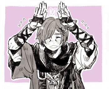 1boy :3 animal animal_ears animal_on_head apologizing border cat_ears final_fantasy final_fantasy_xiv flying_sweatdrops g'raha_tia hair_ornament hairclip hands_up itowo_(itowc) male_focus miqo'te on_head purple_background rabbit rabbit_on_head scarf simple_background smile solo white_border x_hair_ornament