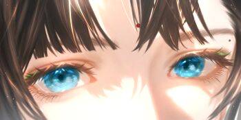 1girl artist_request black_hair blue_eyes chinese_commentary close-up commentary_request commission eye_focus eyelashes facial_mark forehead_mark highres looking_at_viewer mole mole_above_eye paper_heron reverse:1999 second-party_source solo