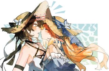 2girls bare_shoulders black_hair blonde_hair blue_dress blush cartethyia_(wuthering_waves) closed_eyes dress ear_blush earrings female_rover_(wuthering_waves) hat highres imminent_kiss jewelry kissing_barrier_(meme) long_hair looking_at_another meme mopa_huhu multiple_girls parted_lips pointy_ears puckered_lips rover_(wuthering_waves) straw_hat sun_hat sweat wuthering_waves yellow_eyes yuri