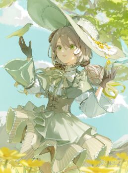 1girl absurdres animal bird bird_on_hand black_gloves blue_sky bow brown_bow brown_corset brown_scrunchie capelet cloud commission corset dress flower gloves green_capelet green_dress green_eyes grey_hair hair_bow hair_ornament hair_scrunchie hashtag-only_commentary hat highres indie_virtual_youtuber large_hat layered_dress long_hair low_twintails mili_mirror multicolored_dress open_mouth roena scrunchie skeb_commission sky solo twintails virtual_youtuber white_dress white_hat wide_brim yellow_flower