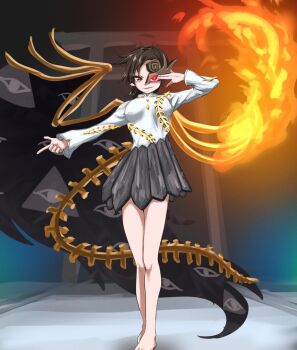 1girl alinoce716 asymmetrical_wings barefoot black_hair black_skirt bone eye_of_providence fire full_body glowing glowing_eye half_mask highres iwanaga_ariya long_sleeves looking_at_viewer mask red_eyes shirt short_hair skeletal_tail skeletal_wings skirt solo standing tail torii touhou white_shirt wings