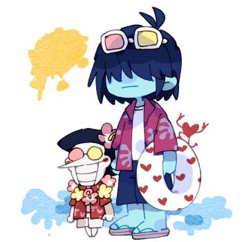 1boy 1other 2525nicc black_hair blue_hair blue_skin blue_swim_trunks circle_facial_mark colored_skin deltarune eyewear_on_head flower hair_flower hair_ornament hawaiian_shirt heterochromatic_eyewear highres holding holding_swim_ring innertube kris_(dark_world)_(deltarune) kris_(deltarune) long_nose pointy_nose red_shirt round_eyewear sandals shirt short_hair size_difference soul_(deltarune) spamton_g._spamton swim_ring tinted_eyewear undershirt utdr_(toby_fox) white_shirt white_skin white_swim_trunks