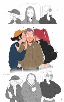 Rule 34 | 3girls, baseball cap, black hair, black jacket, blowing bubbles, blue jacket, blush, brown hoodie, closed mouth, drawstring, earbuds, earphones, full-face blush, girl sandwich, hair bun, hat, highres, hood, hood up, hoodie, its blakke, jacket, kiss, kissing cheek, kpop demon hunters, long hair, looking at viewer, mira (kpop demon hunters), multiple girls, purple eyes, red hair, rumi (kpop demon hunters), sandwiched, shirt, sunglasses, twintails, white shirt, yuri, zoey (kpop demon hunters)