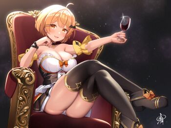 1girl :d ahoge alcohol ankle_boots ayagi_daifuku bare_shoulders bat_hair_ornament black_choker black_skirt black_thighhighs blonde_hair boots bow breasts chair choker cleavage commentary commentary_request cross-laced_clothes cross-laced_top cup detached_sleeves drinking_glass english_commentary fang fold-over_boots footwear_bow gold_trim hair_ornament hairclip hand_up highres holding holding_cup hololive large_breasts looking_at_viewer miniskirt mixed-language_commentary on_chair open_mouth outstretched_arm parallel_hairclips pendant_choker shirt short_hair short_sleeves sitting skin_fang skirt smile solo star_pendant strapless strapless_shirt thighhighs virtual_youtuber white_shirt wine wine_glass yellow_eyes yellow_sleeves yozora_mel yozora_mel_(1st_costume)
