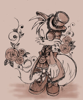 bow bowtie child ciel_phantomhive cosplay crossdressing dress flower fox furry hat highres kuroshitsuji misuta710 multiple_tails robotics rose sega serious shoes shota sonic_(series) square_enix tail tails_(sonic) two_tails