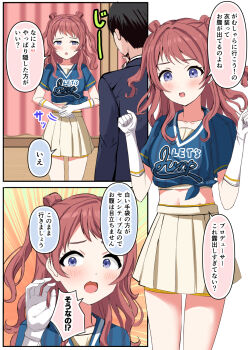 1boy 1girl black_jacket blue_shirt blush brown_hair brown_skirt commentary_request covering_stomach elbow_gloves formal_clothes gakuen_idolmaster gloves hanami_saki hands_up highres idolmaster jacket midriff morerin navel open_mouth pleated_skirt producer_(idolmaster) purple_eyes shirt short_sleeves shorts shorts_under_skirt skirt stomach suit tied_shirt translation_request two_side_up white_gloves yellow_shorts