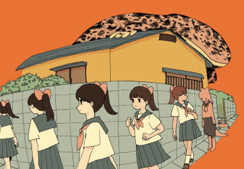 1girl animal ballpoint_pen_(medium) black_eyes blue_sailor_collar blue_skirt bow brown_footwear brown_hair closed_mouth commentary_request dot_nose expressionless hair_bow highres house medium_hair neckerchief onobane original outdoors pen_(medium) pink_bow ponytail red_neckerchief sailor_collar salamander school_uniform sequential serafuku shirt shoes short_sleeves skirt socks solid_eyes summer_uniform traditional_media transformation white_shirt white_socks