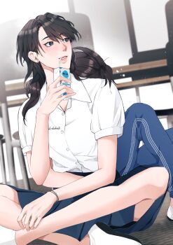 Rule 34 | 2girls, arms around waist, black hair, blue eyes, blue pants, blue shorts, bracelet, classroom, collared shirt, commentary request, earrings, highres, hug, hug from behind, jewelry, long hair, mole, mole under eye, multiple girls, original, pants, school uniform, shirt, short sleeves, shorts, stud earrings, sweetandsour9, thai commentary, white shirt, yuri