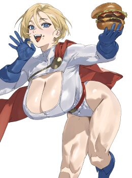 absurdres animification belt bent_over blue_boots blue_eyes blue_gloves boots breasts burger cape cleavage cleavage_cutout clothing_cutout dc_comics food food_on_face gloves highleg highleg_leotard highres holding holding_burger holding_food huge_breasts leotard open_mouth power_girl power_girl_(1976_costume) red_belt red_cape superhero_costume taiyang_yu toned toned_female white_leotard