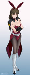 Rule 34 | 1girl, animal ears, artist name, blue background, boots, breasts, brown hair, brown pantyhose, cleavage, closed mouth, collarbone, commentary request, crossed arms, fake animal ears, full body, gradient background, gundam, gundam seed, gundam seed freedom, hairband, highres, inoshira, knee boots, large breasts, leotard, pantyhose, playboy bunny, rabbit ears, red hairband, red leotard, shiho hahnenfuss, short hair, solo, standing, watermark, white background, white boots