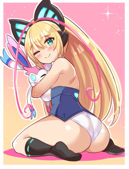 1girl ;) alternate_costume antenna_hair ass ass_focus azure_striker_gunvolt backless_outfit black_leggings blonde_hair blue_eyes blush breasts butterfly_hair_ornament commentary commission commissioner_upload cougar_(cougar1404) crossover from_behind full_body gen_6_pokemon gradient_background green_eyes hair_between_eyes hair_ornament headphones high_ponytail hug large_breasts leggings long_hair lumen_(gunvolt) multicolored_hair nintendo one_eye_closed panties pink_background pink_hair pokemon pokemon_(creature) ponytail sitting skeb_commission smile sylveon two-tone_hair underwear very_long_hair wariza white_panties