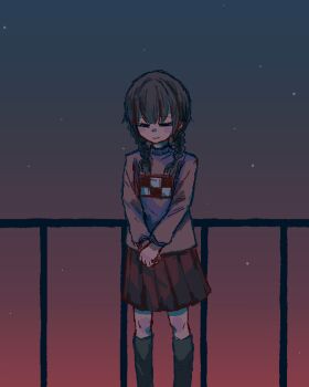 1girl black_hair black_socks blush_stickers braid closed_eyes closed_mouth feet_out_of_frame fence iron_fence kneehighs long_sleeves low_twin_braids madotsuki memorain night night_sky oekaki outdoors own_hands_together pink_sweater red_skirt skirt sky socks solo star_(sky) starry_sky sweater twin_braids v_arms yume_nikki