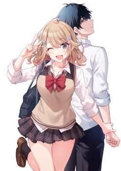 Rule 34 | 1boy, 1girl, ;d, back-to-back, black hair, black pants, black skirt, black socks, blonde hair, blue eyes, blush, bow, bowtie, breasts, brown shoes, brown sweater vest, closed mouth, collared shirt, commentary request, cover, cover image, cover page, grey eyes, hair between eyes, hair ornament, hairclip, hand up, holding another's wrist, ike touka, large breasts, loafers, looking at another, looking at viewer, looking back, medium hair, miniskirt, novel cover, official art, one eye closed, open mouth, pants, plaid clothes, plaid skirt, pleated skirt, red bow, red bowtie, school uniform, shirt, shoes, short hair, simple background, skirt, sleeves rolled up, small sweatdrop, smile, socks, standing, sweater vest, tomari (veryberry00), tomoki yuuji, v, white background, white shirt, wing collar, yuujin chara no ore ga motemakuru wakenaidaro?