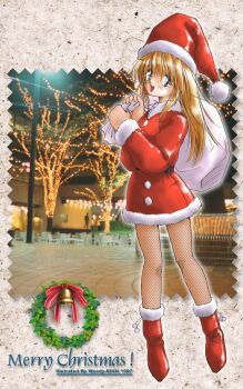 1girl artist_name bad_id bell belt black_belt blonde_hair blue_eyes boots christmas christmas_wreath dated dress fishnet_pantyhose fishnets full_body fur-trimmed_boots fur-trimmed_dress fur-trimmed_headwear fur_trim hands_up hat holding holding_sack looking_at_viewer merry_christmas open_mouth original pantyhose photo_background red_boots red_dress red_hat red_ribbon ribbon sack santa_costume santa_hat short_dress smile solo standing woody-rinn wreath