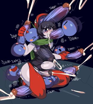 1boy 6+others absurdres black_hair bulge captain_kirb closed_eyes clothed_sex clothes cum cum_in_ass cum_in_mouth doukutsu_monogatari english_text fellatio group_sex highres huge_penis looking_at_penis looking_at_viewer ma_pignon monster multiple_others open_mouth oral penis penis_grab penis_size_difference quote_(cave_story) sex sex_from_behind smile stomach_bulge testicles veins veiny_penis yaoi