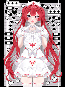 1girl absurdres bandaid black_border blush border bow clothing_cutout collarbone commentary cowboy_shot cross double-parted_bangs dress fangs frilled_cuffs frilled_skirt frilled_sleeves frills gloves grey_eyes grid_background hair_intakes hair_ornament hairclip hat heart heart_cutout heart_hands highres long_hair nurse nurse_cap open_mouth original puffy_short_sleeves puffy_sleeves red_cross red_hair short_sleeves skindentation skirt smile solo standing symbol-only_commentary thighhighs thighs twintails wanko_(yurika0320) white_bow white_dress white_gloves white_thighhighs