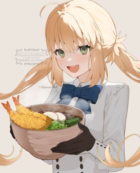 Rule 34 | 1girl, artoria caster (fate), artoria caster (second ascension) (fate), artoria pendragon (fate), black gloves, blue bow, blue bowtie, blush, bow, bowl, bowtie, buttons, commentary request, double-breasted, fate/grand order, fate (series), fish cake, food, gloves, green eyes, grey background, highres, holding, holding food, long hair, no headwear, open mouth, romo827, shirt, shrimp, shrimp tempura, sidelocks, simple background, smile, solo, teeth, tempura, twintails, upper body, upper teeth only, watermark, white shirt