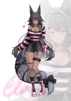 1girl animal_ear_fluff bag black_bow black_bra black_hair black_ribbon black_skirt black_socks boots bow bra breasts brown_eyes character_request choker cleavage collarbone colored_inner_hair commentary commission copyright_request ella_7737 english_commentary hair_ornament handbag heart heart_hair_ornament heart_o-ring highres jewelry lace-up_boots long_hair multicolored_hair necklace o-ring o-ring_choker parted_lips pink_bag pink_boots pink_hair ribbon shirt single_fishnet_legwear skirt sleeves_past_wrists socks striped_clothes striped_shirt tail tail_bow tail_ornament tail_ribbon underwear vgen_commission