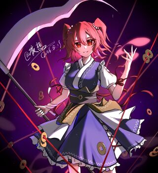 1girl breasts brown_sash coin commentary_request dated grin hair_bobbles hair_ornament highres holding holding_scythe looking_at_viewer medium_breasts medium_hair obi onozuka_komachi puffy_short_sleeves puffy_sleeves red_eyes red_hair sash scythe short_sleeves smile solo touhou two_side_up ye_xiang_(pixiv_108357393)