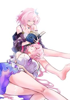 2girls as_i&#039;ve_written_(honkai:_star_rail) bare_shoulders barefoot blue_eyes book breasts coat commentary cyrene_(aedes_elysiae)_(honkai:_star_rail) cyrene_(honkai:_star_rail) cyrene_(ripples_of_past_reverie)_(honkai:_star_rail) dress dual_persona feet highres holding holding_book honkai:_star_rail honkai_(series) jewelry lap_pillow large_breasts long_hair looking_at_another medium_breasts mitara_abunai2 multiple_girls necklace open_book pink_hair purple_coat reading short_hair simple_background smile soles toes very_long_hair white_background white_dress