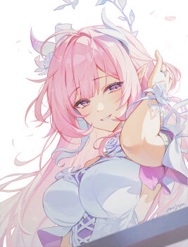 1girl absurdres ahoge arm_up breasts commentary cyrene_(honkai:_star_rail) cyrene_(ripples_of_past_reverie)_(honkai:_star_rail) diamond-shaped_pupils diamond_(shape) dress flower hair_flower hair_intakes hair_ornament highres honkai:_star_rail honkai_(series) large_breasts light_blush long_hair looking_at_viewer parted_lips pink_hair pink_petals pointy_ears purple_eyes sidelocks signature simple_background smile solo symbol-shaped_pupils upper_body white_background white_dress yanjem