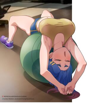 1girl absurdres animanghayo arched_back armpits arms_up ball blue_hair blue_shorts breasts commentary covered_erect_nipples dolphin_shorts english_commentary exercise_ball exercising full_body gradient_hair highres large_breasts mayu_(animanghayo) multicolored_hair navel original patreon_logo patreon_username purple_hair purple_shoes shoes shorts sneakers solo tank_top thighs watermark web_address yellow_tank_top