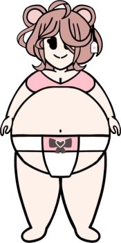 1girl 2022 ahoge barefoot bear_girl belly breasts brown_hair chibi fat indie_virtual_youtuber inflation large_breasts mawashi miruku_kumazuki pink_shirt plump ribbon shirt son4ca standing sumo transparent_background