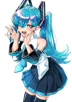 1girl bare_shoulders black_boots black_skirt blue_hair blue_necktie boots detached_sleeves hair_over_one_eye hatsune_miku highres long_hair looking_at_viewer mochi_kikanshi necktie open_mouth pleated_skirt sharp_teeth shirt simple_background skirt sleeveless sleeveless_shirt solo teeth thigh_boots twintails vocaloid white_background white_shirt