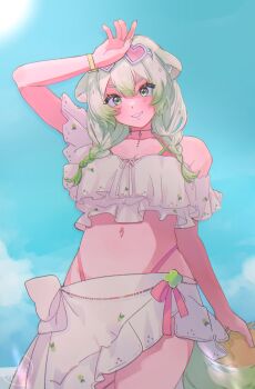 absurdres animal_ears beach belly bikini breasts crop_top ferret_ears frills gold_choker gradient_hair green_eyes green_hair green_nails hair_between_eyes hat heart heart-shaped_eyewear high-waist_bikini highres kokomi_(aniesuakkaman) laimu_(vtuber) laimu_(summer)_(vtuber) looking_at_viewer medium_breasts miniskirt multicolored_hair navel pink_nails skindentation skirt summer sun sun_hat sunglasses swimsuit thighs two-tone_hair vinesauce virtual_youtuber watch white_hair wristwatch
