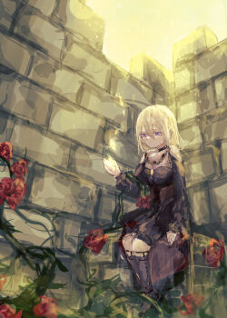 1girl absurdres bang_dream! bang_dream!_it&#039;s_mygo!!!!! black_dress blonde_hair brown_corset clothing_cutout commentary corset doloris_(bang_dream!) dress flower garter_straps grey_socks hair_between_eyes hand_up highres kneehighs latte_bf long_hair_between_eyes medium_hair misumi_uika purple_eyes rose shoulder_cutout sitting socks solo